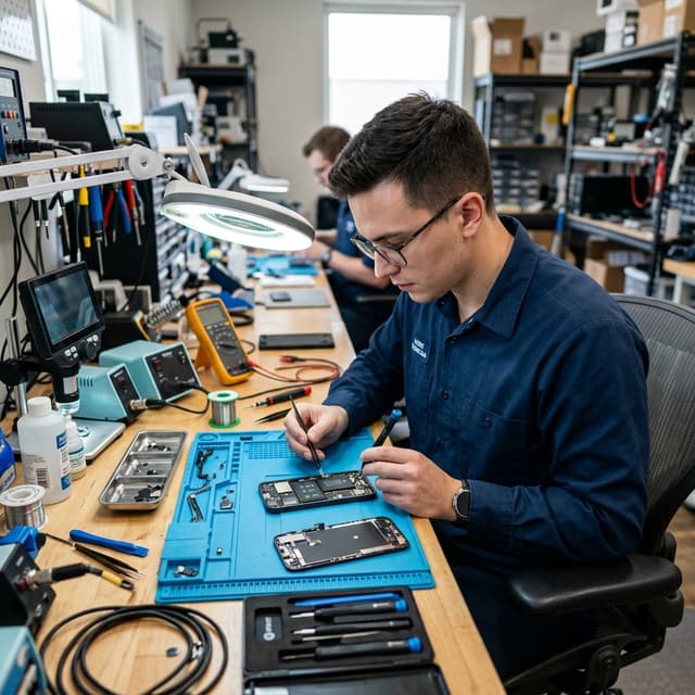 Technician repairing smartphone