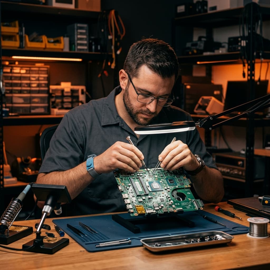 Technician repairing cellphone circuit board